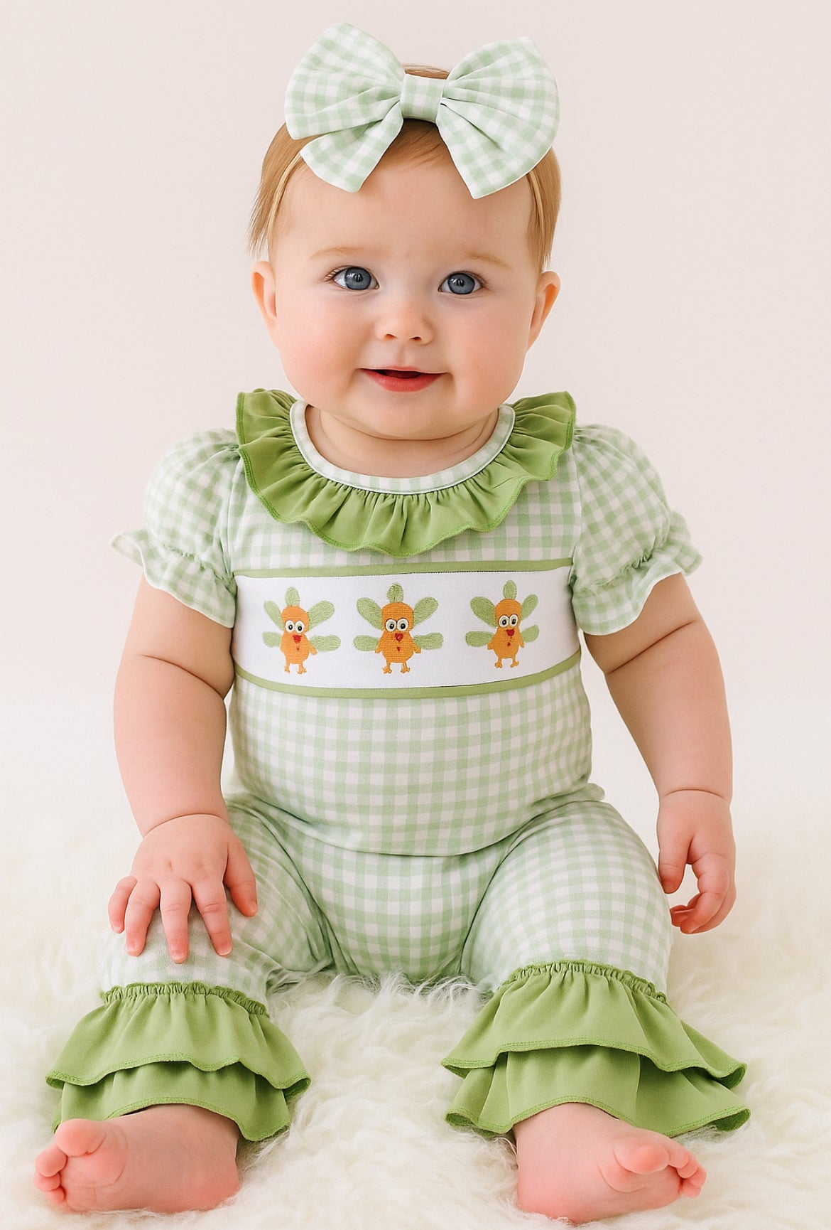 Sage Gingham Turkey Romper