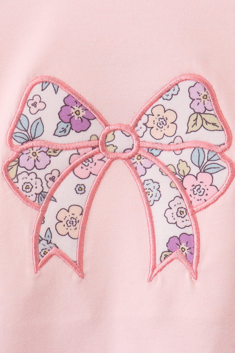 Pink floral bow applique ruffle bubble