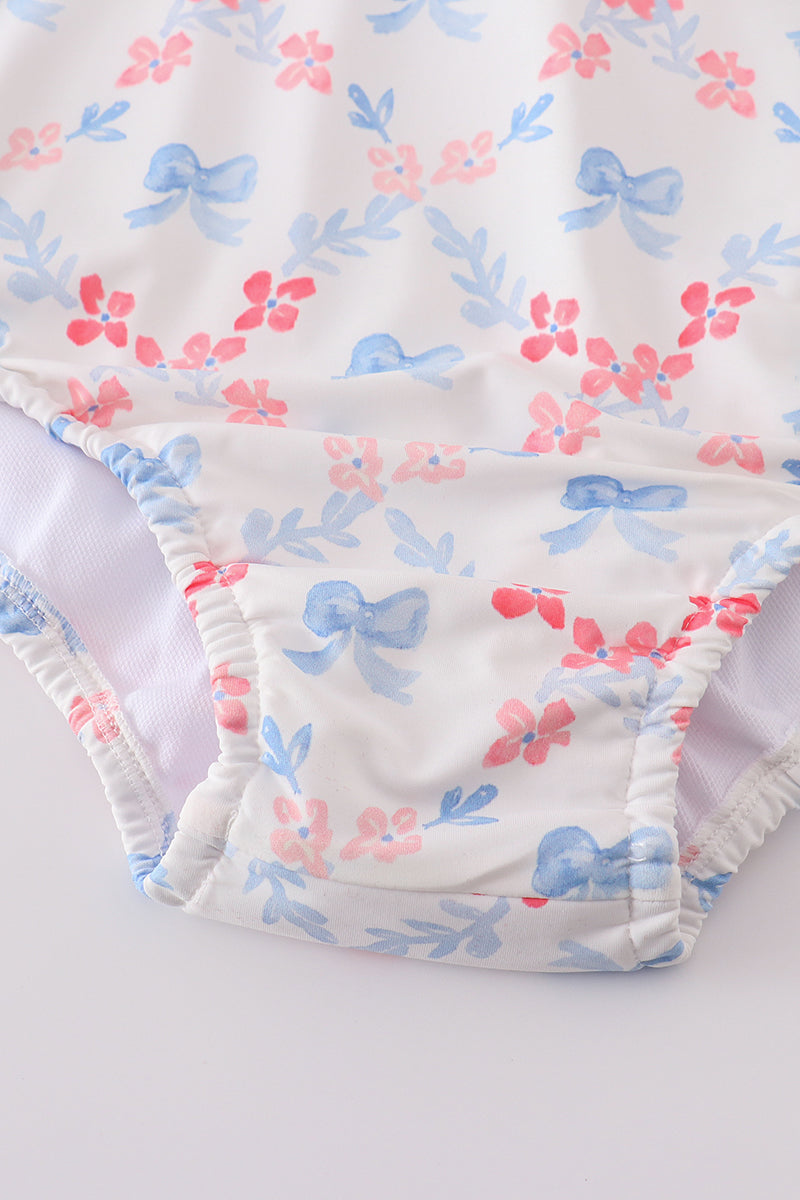 Blue bow lattice print  mom swimsuit