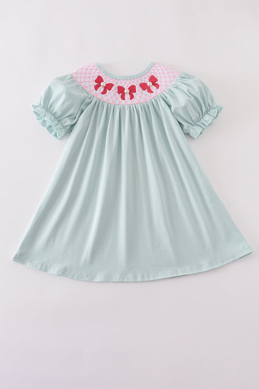Blue bow pearl smocked dress