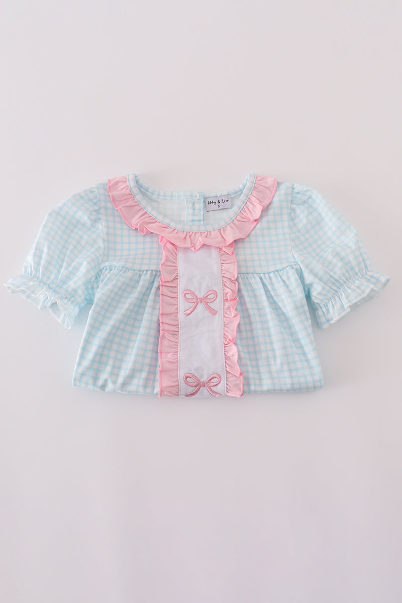 Blue bow embroidery gingham ruffle pants set