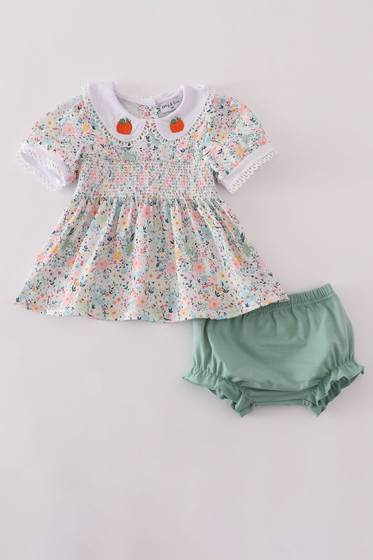 Green floral pumpkin embroidery smocked bloomer set