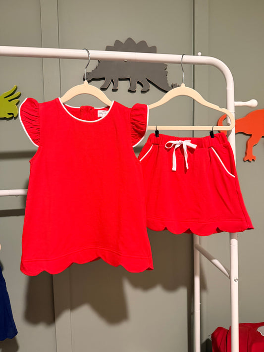 Red scalloped skort set