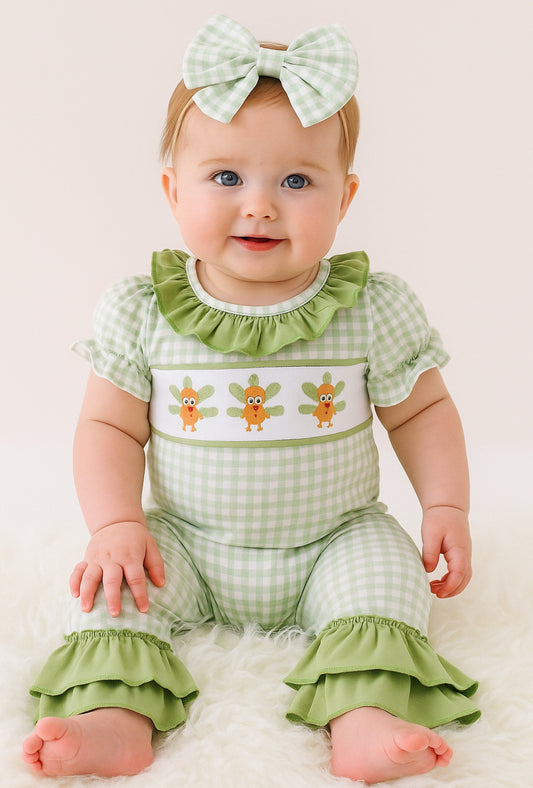 Sage Gingham Turkey Romper