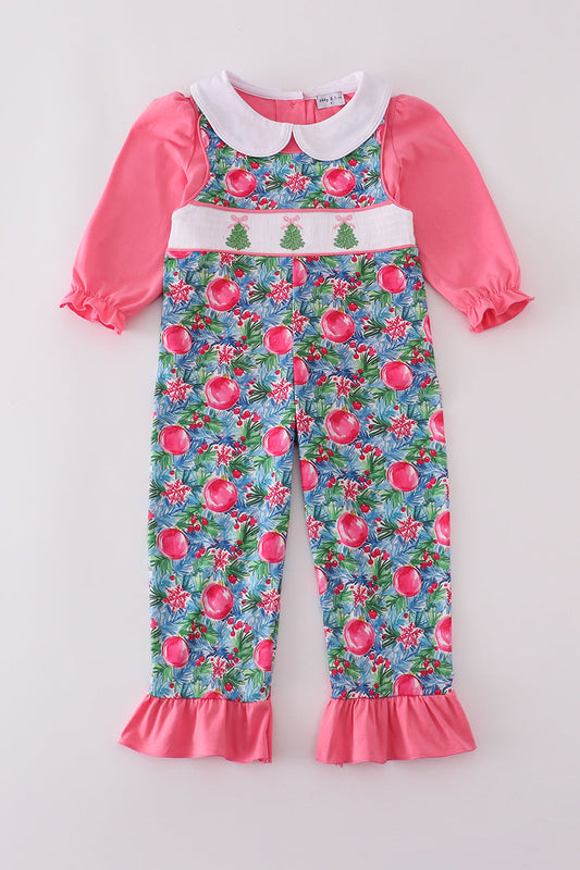 Blue christmas tree smocked ruffle jumpsuit set