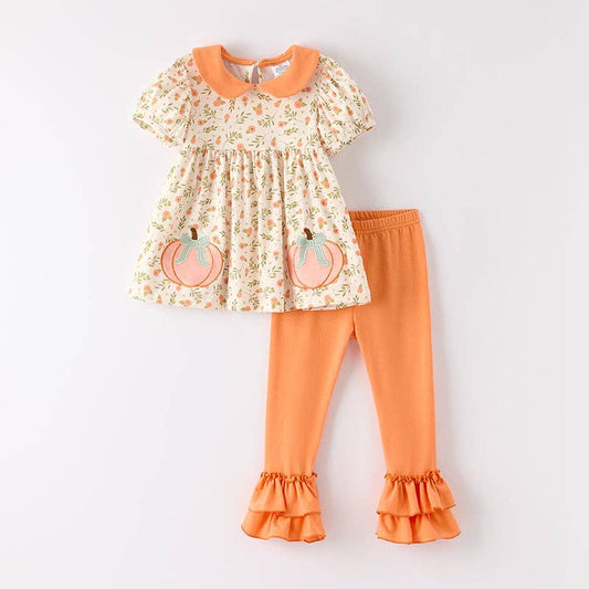 Pumpkin Applique Long Sleeves Floral Pant Set